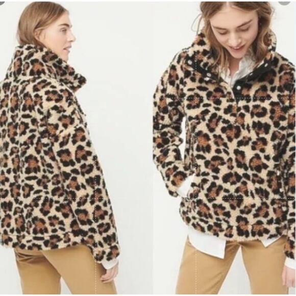 J. Crew Jackets & Blazers - J. Crew Snap-Collar Sherpa Sweatshirt in Leopard Size Medium